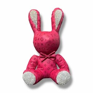 Large Luxury Handmade Monogram Hot Pink Patterned Bunny with Silver Accents NWOT
